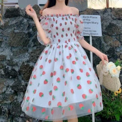 Chiffon Strawberry Puff Sleeve Dress