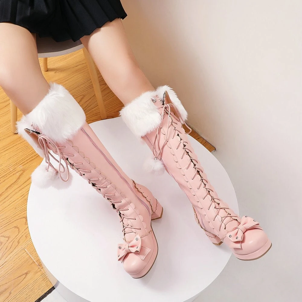 Bow Fur Knee High Boots - Image 13