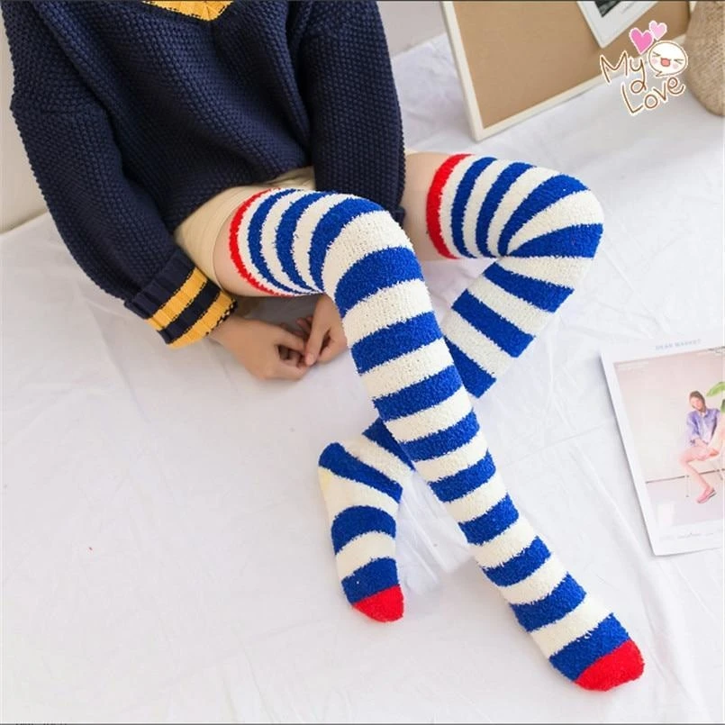 Navy Striped Fuzzy Thigh Highs - Image 3